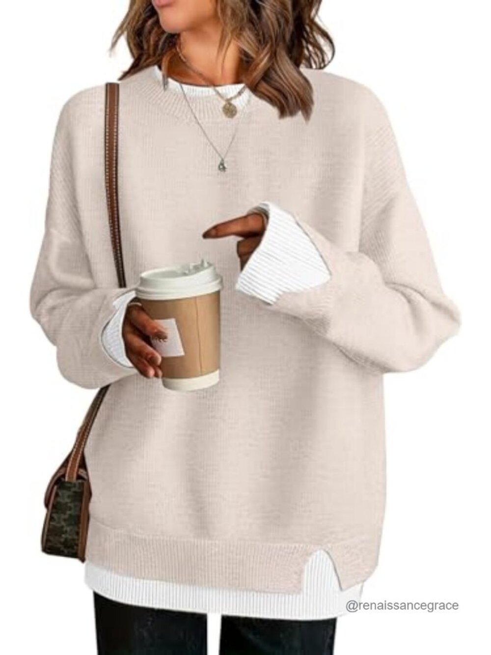 Oversized Patchwork Knit Sweater Pullover Crew Neck Long Sleeve